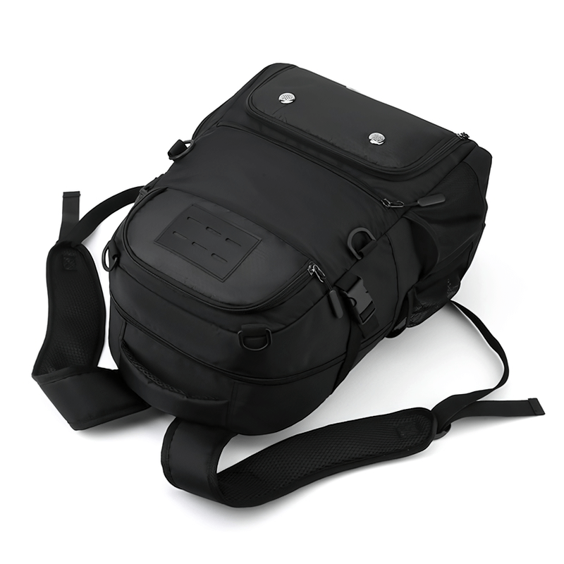 Black sports backpack SF0808 with shoe compartment, detachable net pocket, and adjustable straps. Ideal for gym and travel.